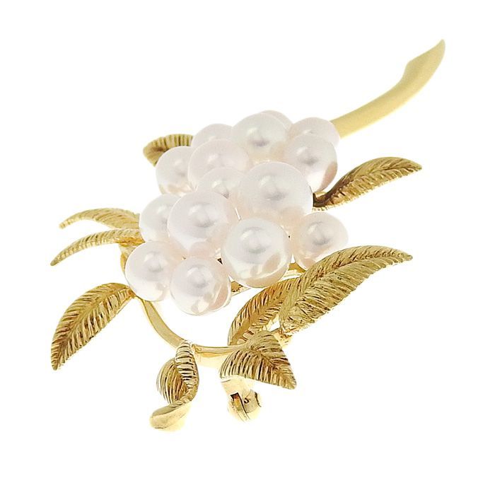 MIKIMOTO ミキモト リーフ モチーフ パール ブローチ K18YG 750
