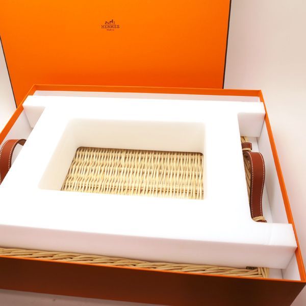 HERMES ピクニックトレイ オズレ 天然素材 柳材 ガラス