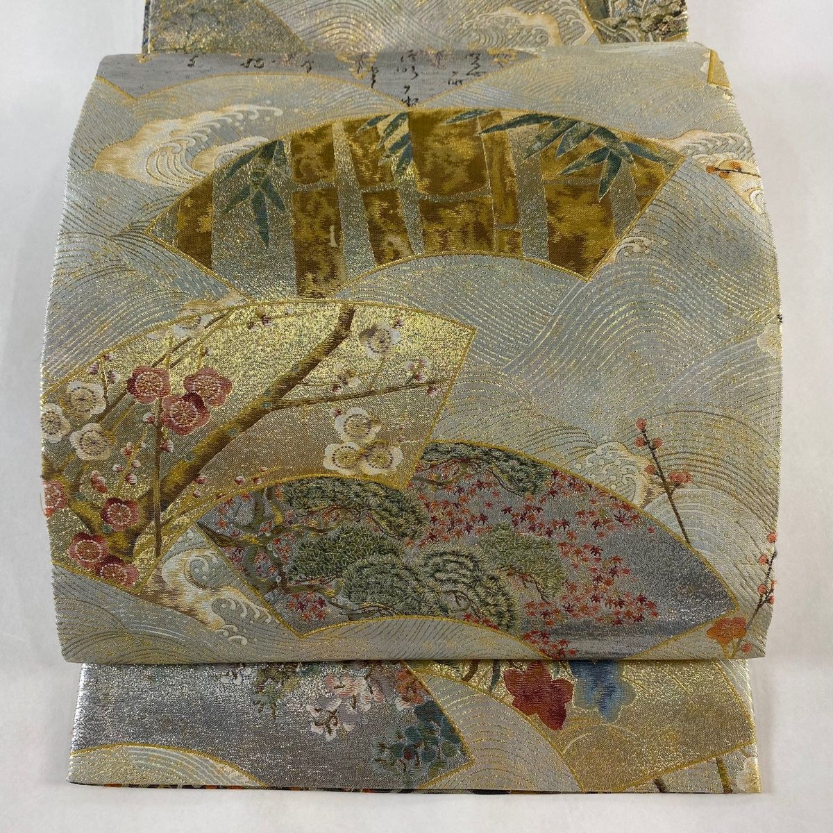 丸帯 琳派三壽奏 宗達 プラチナ 扇面 松竹梅 金糸 本金箔 金色 お太鼓柄 正絹