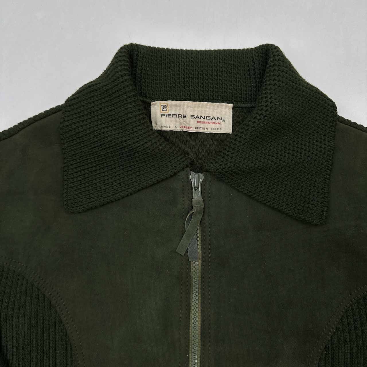 vintage　レザー切り替えニットジップアップ　ジャケット　グリーン 英国製 ヴィンテージ PIERRE SANGAN 本革 レザー切替 ジップ