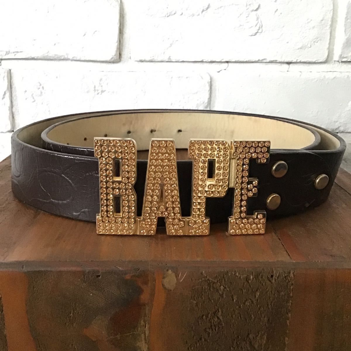 Gold スワロフスキー BAPE 型押し レザー ベルト a bathing ape