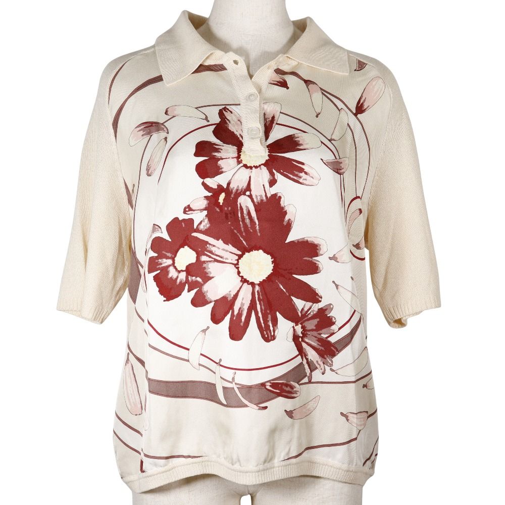 HERMES エルメス 花柄 シルク×カシミヤ ベージュ|赤 レディース 半袖Ｔシャツ
