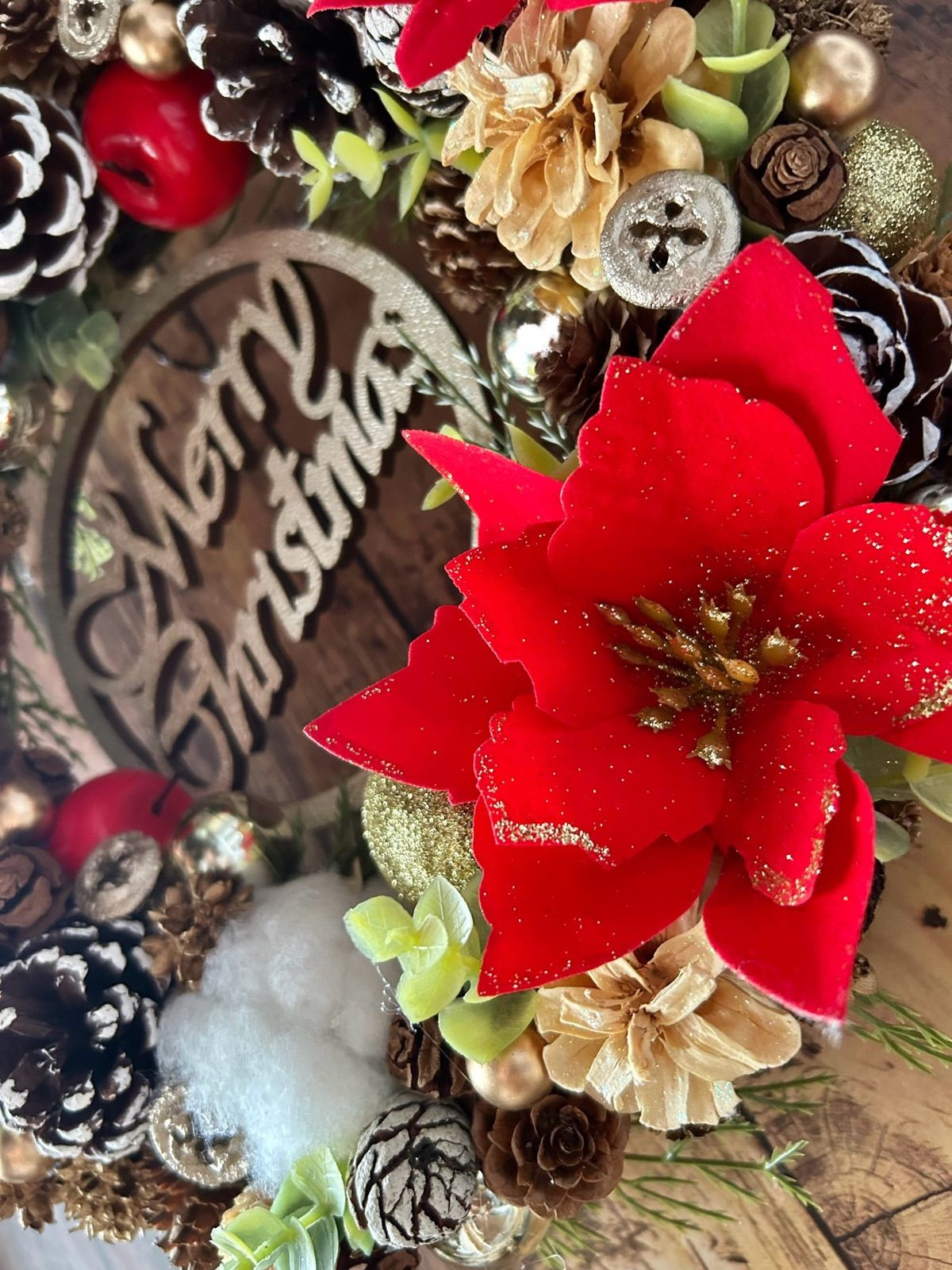 6-163 大きめリース 早割クリスマスリース ポインセチア 木の実の