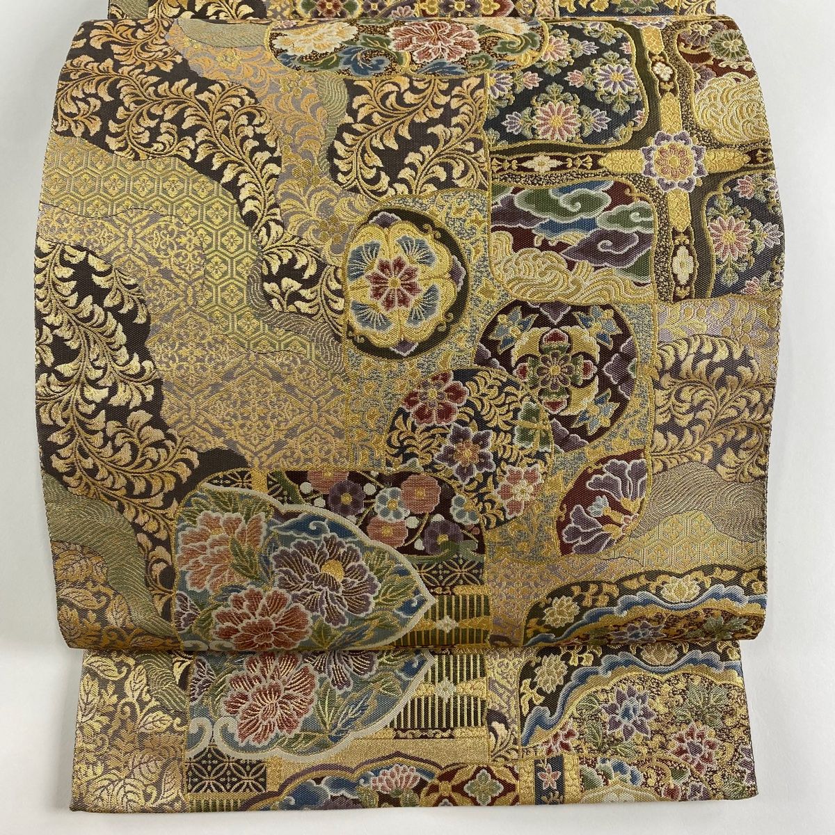 280 華 袋帯 花 華紋 紫 金 SOUBIEN 【未仕立て】袋帯 振袖用 紫 パープル 金 ゴールド 緑