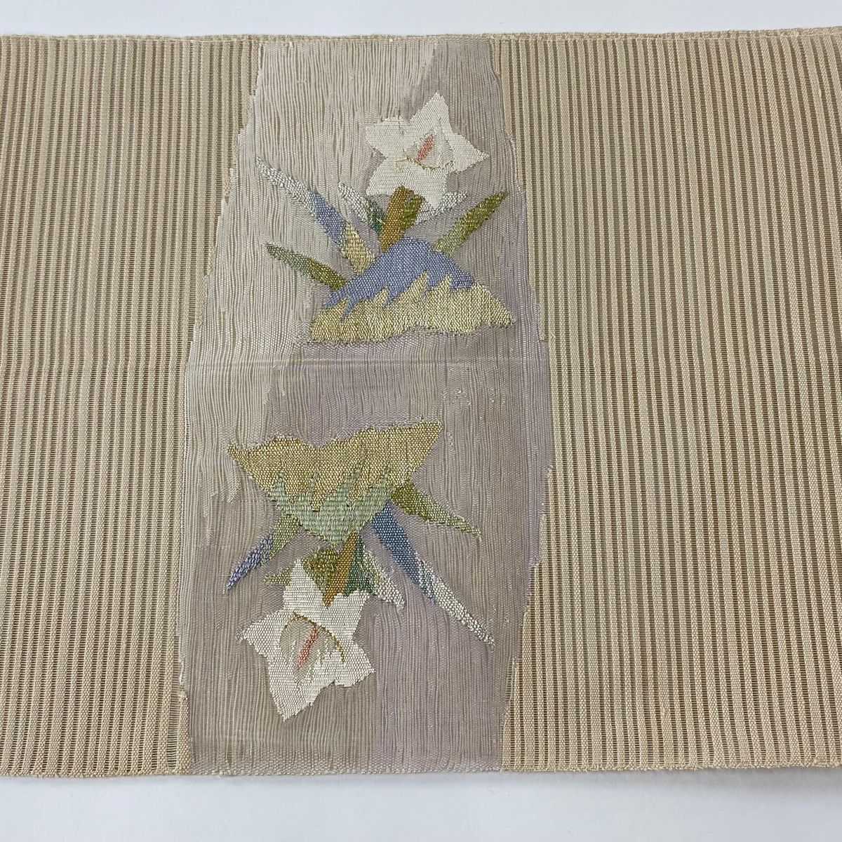 名古屋帯 美品 秀品 夏帯 草花 金銀糸 薄茶色 正絹 【中古