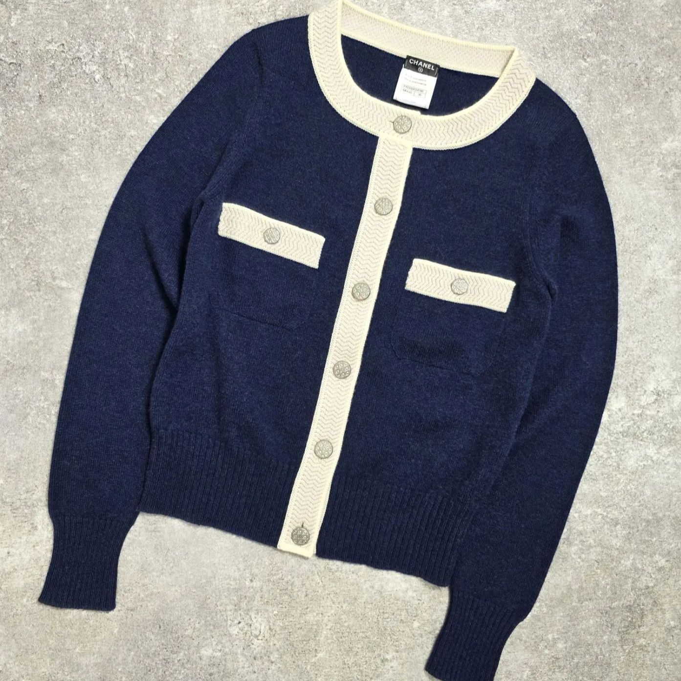 CHANEL シャネル カシミヤ ニット カーディガン ジャケット ノー バイ ネイビー×ライトグレー 36 PAWNSHOPRiZ パウンショップリズ