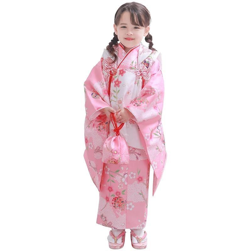 KYOETSU キョウエツ 着物セット 七五三用 3歳用 被布セット 華やかA 9点セット 柄被布 柄着物 伊達衿 長襦袢 髪飾り 巾着 草履 腰紐 足袋 ガールズ 3.桃色桜鞠 1