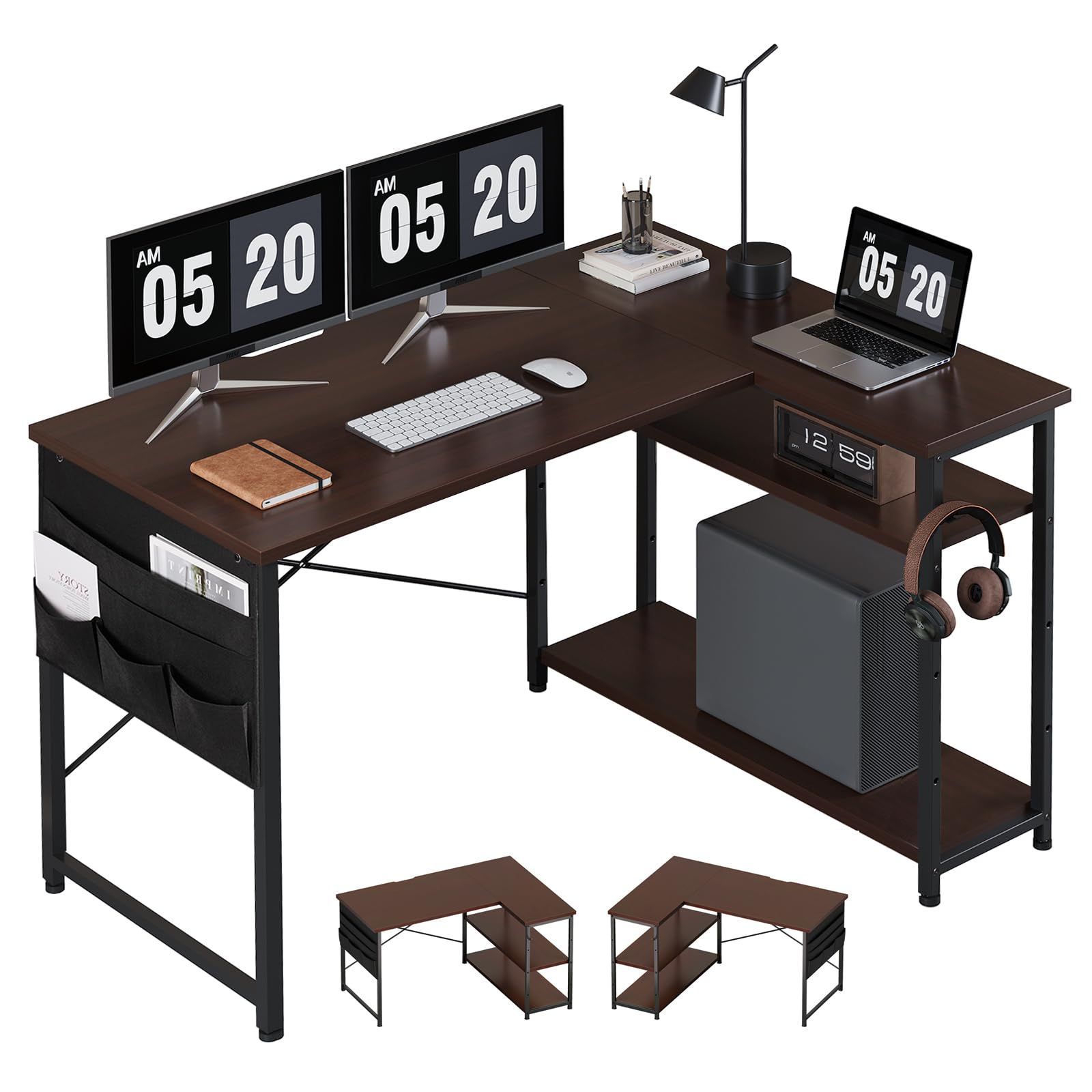 人気商品 l字デスク ゲーミングデスク デスク 幅120cm pcデスク コーナーデスク 棚板高さ調節 収納袋付き L字型 YeTom PC 勉強机 作業 在宅勤務 リモートワーク ゲーム 書斎 収納ラック付き ダークブラウン