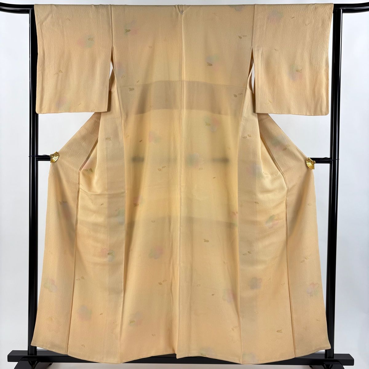 小紋 身丈155cm 裄丈63cm S 袷 花びら 花 金糸 ぼかし 薄オレンジ 正絹 秀品 一つ紋