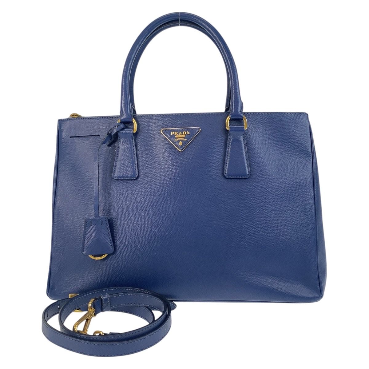 美品 PRADA プラダ サフィアーノ ガレリア ブルー ゴールド金具 レザー 