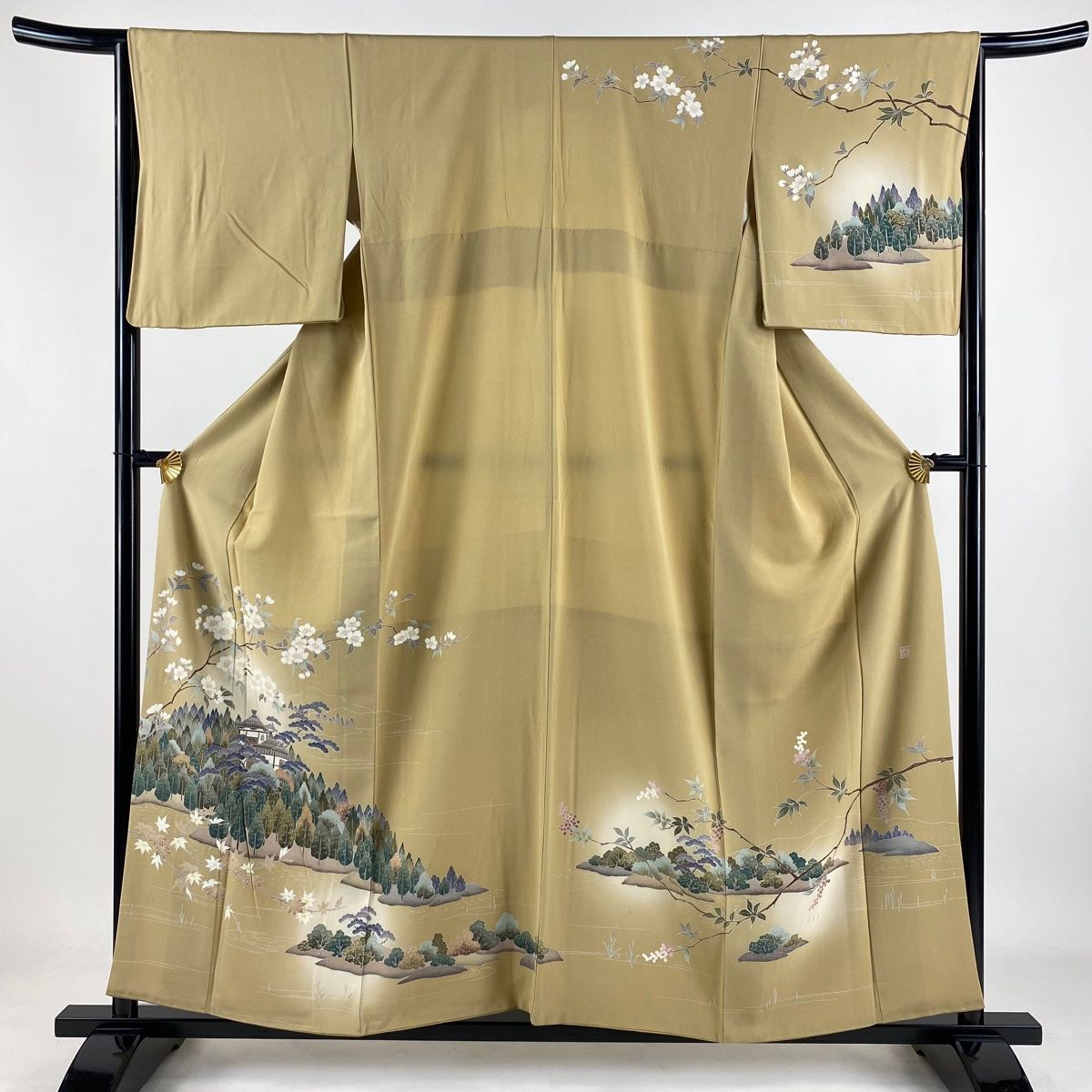 訪問着 身丈156cm 裄丈64cm M 袷 落款 建物 桜 薄茶色 正絹 秀品