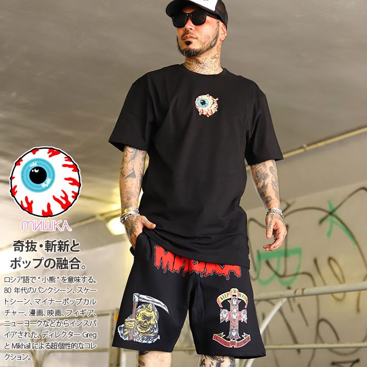 MISHKA セットアップ 上下セット 半袖 ブランド Tシャツ ハーフパンツ メンズ 春夏用 黒 紫 大きいサイズ ミシカ KEEPWATCH キープウォッチ キャラクター 刺繍 ビッグシルエット b系 ヒップホップ ファッション ハイ MSK-159-63