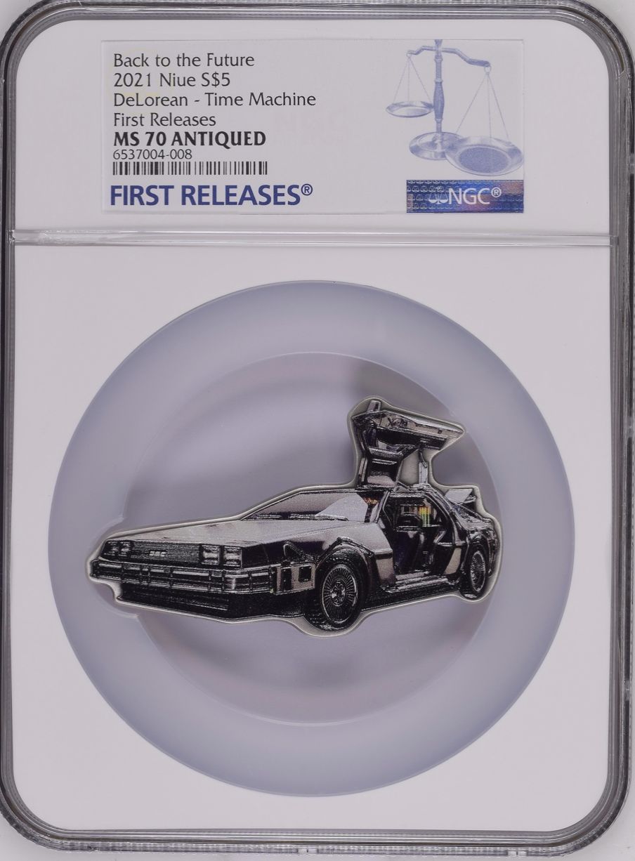 Back To The Future Delean Car TIME MACHINE Silver Coin 2021 Niue 2oz NGC MS70