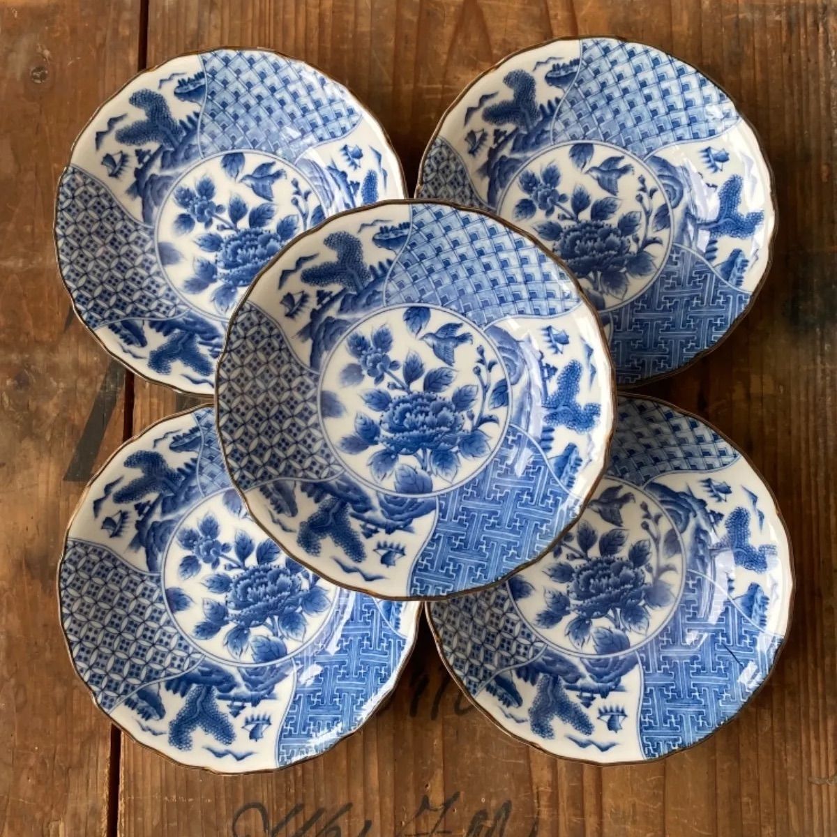 旧家蔵出】昭和レトロ 青絵 中皿 5客セット 絵皿 盛り皿 - びいだま