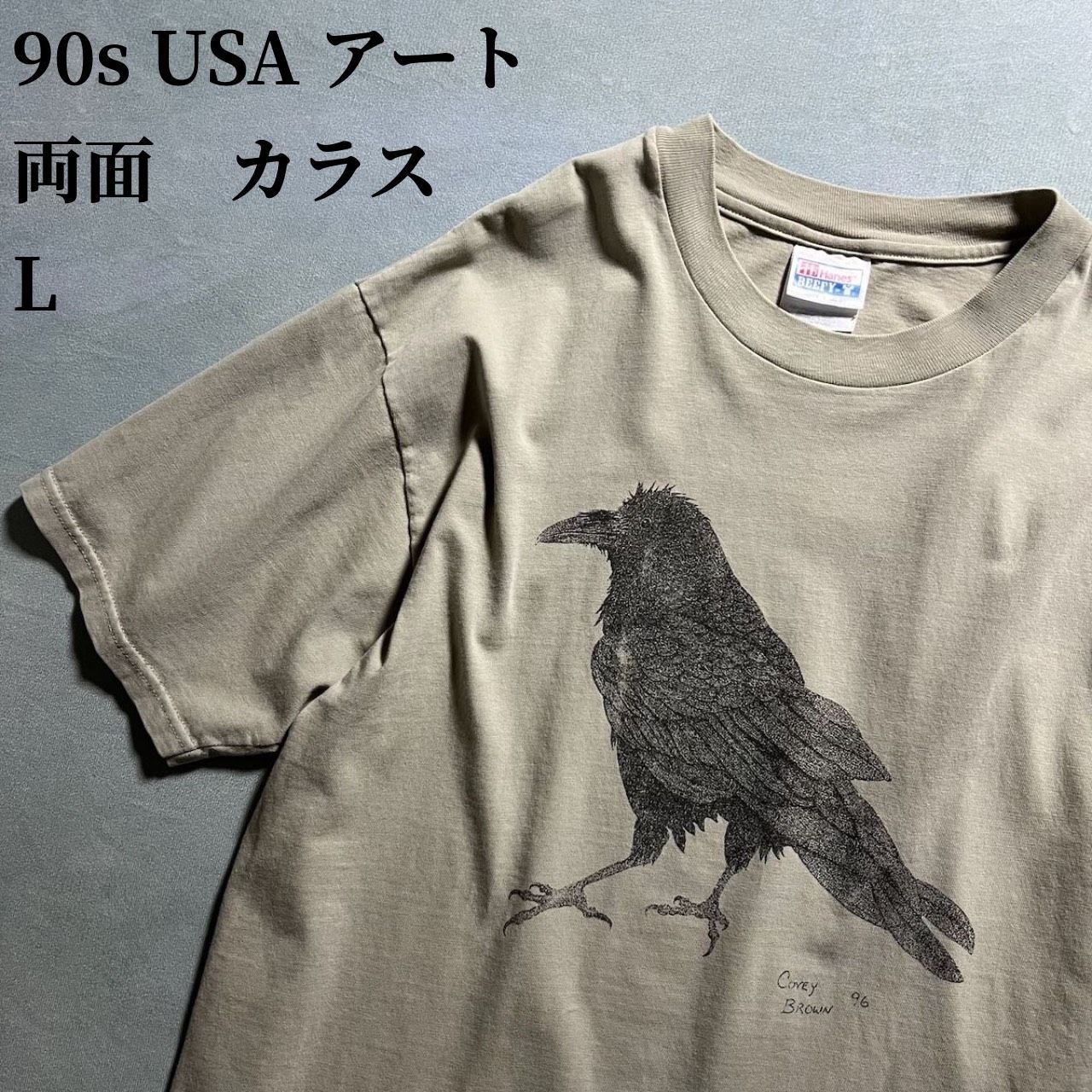 90s USA 両面プリント アート カラス メッセージ アニマル Tシャツ 