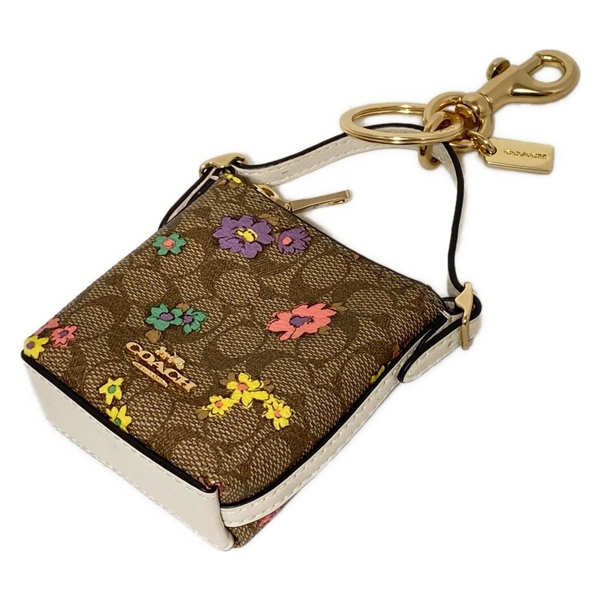 COACH コーチ キーホルダー チャーム - CA042 カーキ×ライトピンク×マルチ ミニシグネチャー柄|花柄|バッグ モチーフ レザー