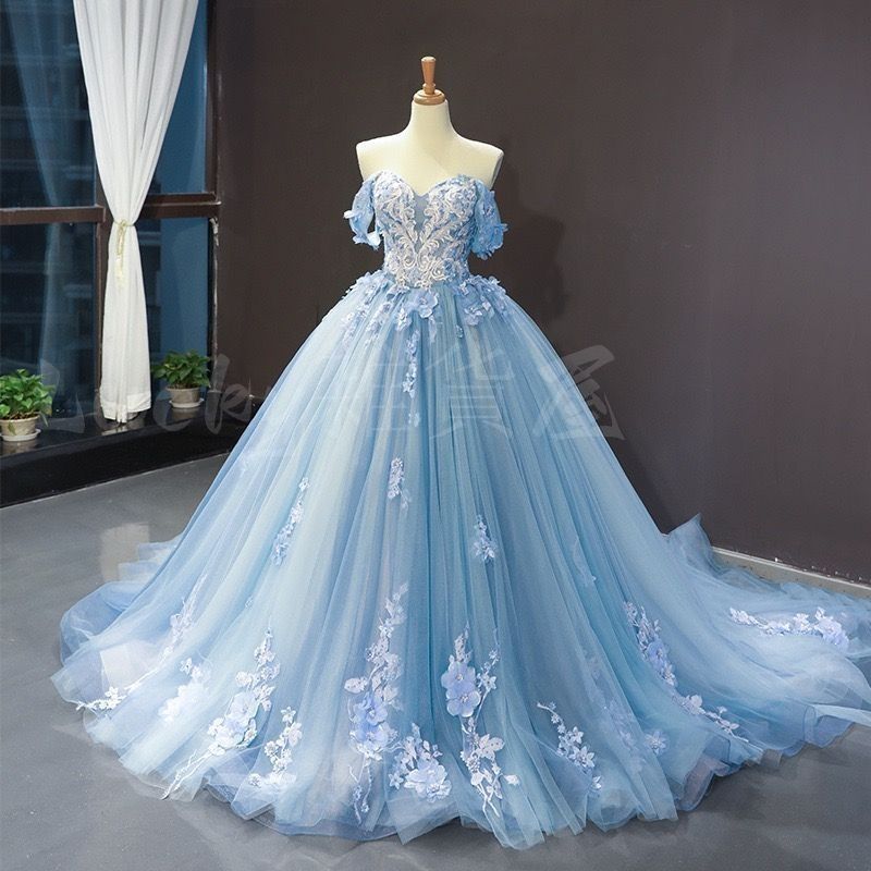 2025 カラードレス プリンセスライン ライトブルー 青 オフショルダー ロングドレス ウェディングドレス 結婚式 二次会 花嫁 前撮り 演奏会