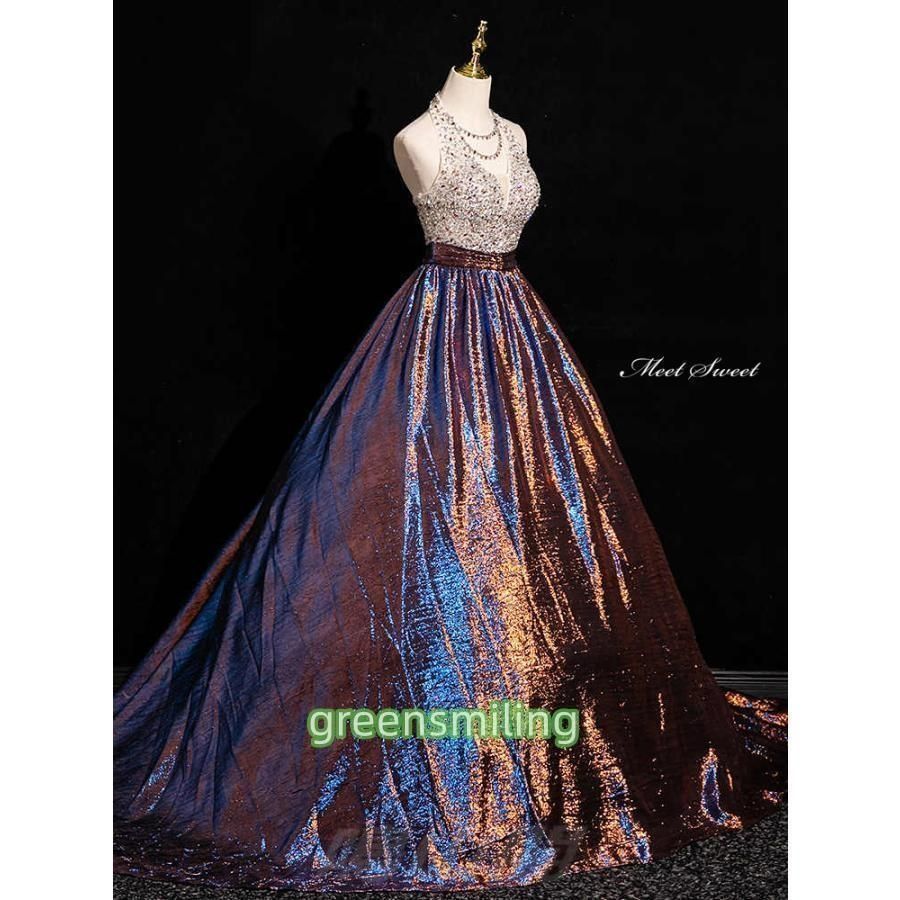 カラードレス ホルターネック ノースリーブ 光沢感 ネイビー ビーズ ウェディングドレス 二次会 前撮り 演奏会 発表会 ロングドレス 結婚式WP数量 価格926