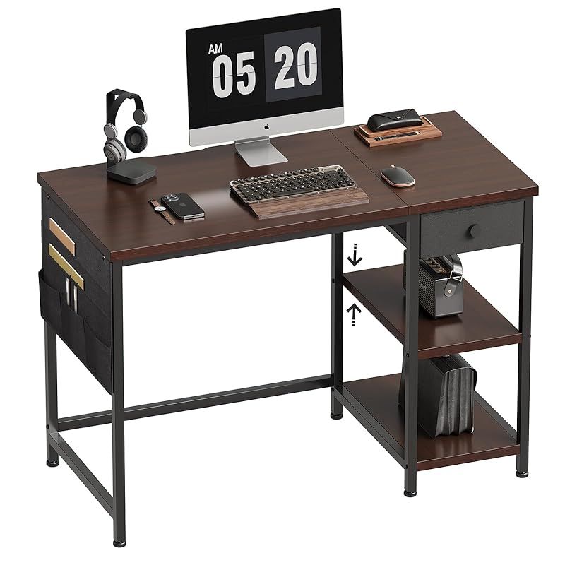 YeTom pc パソコンデスク 幅100cm×奥行48cm 布製引き出し つくえ ラック付き ワークデスク オフィス 収納袋付き 勉強机 学習机 左右入替可 テレワーク 在宅勤務 ダークブラウン 0