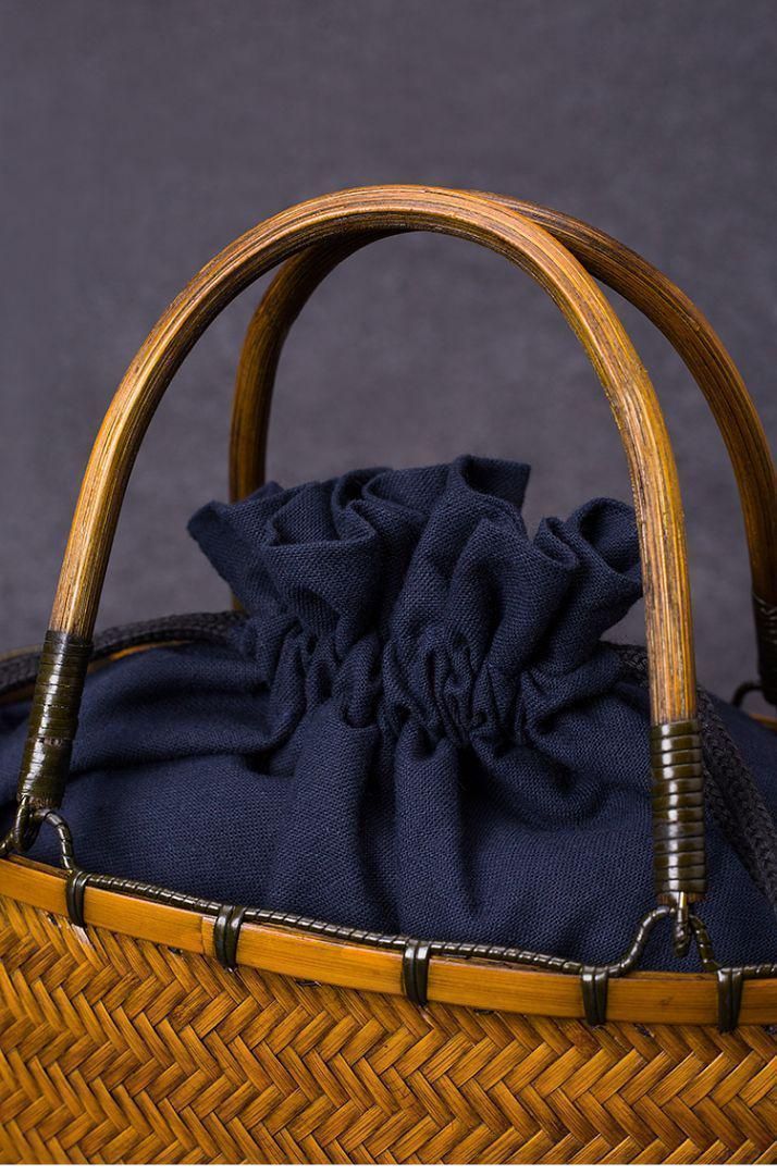 竹細工 蓋付き収納ボックス ブラウン茶道収納バッグ竹編バッグ 手作