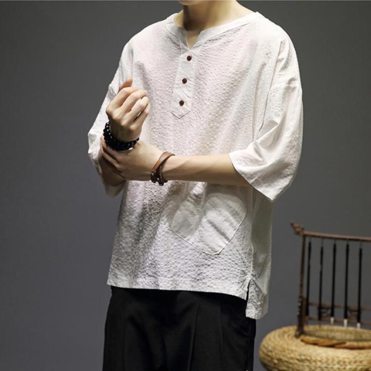 コットンリネン半袖カットソー 全4色×7サイズ！中華服 メンズ リネンtシャツ 送料無料 プル