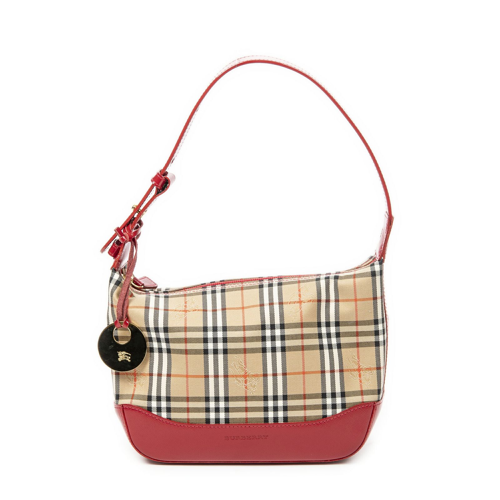 [中古] Burberry バーバリースモール ジップ ホーボーベージュ/レッドヘイマーケット チェック キャンバスA