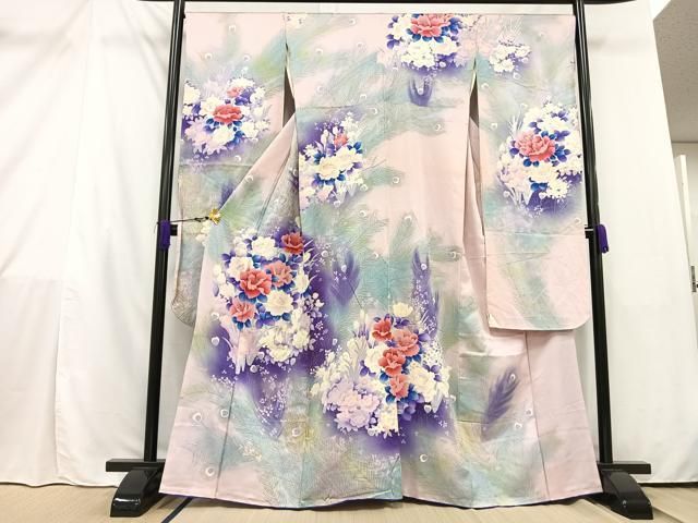 平和屋着物□豪華振袖 孔雀羽草花文 暈し染め 銀彩 正絹 逸品