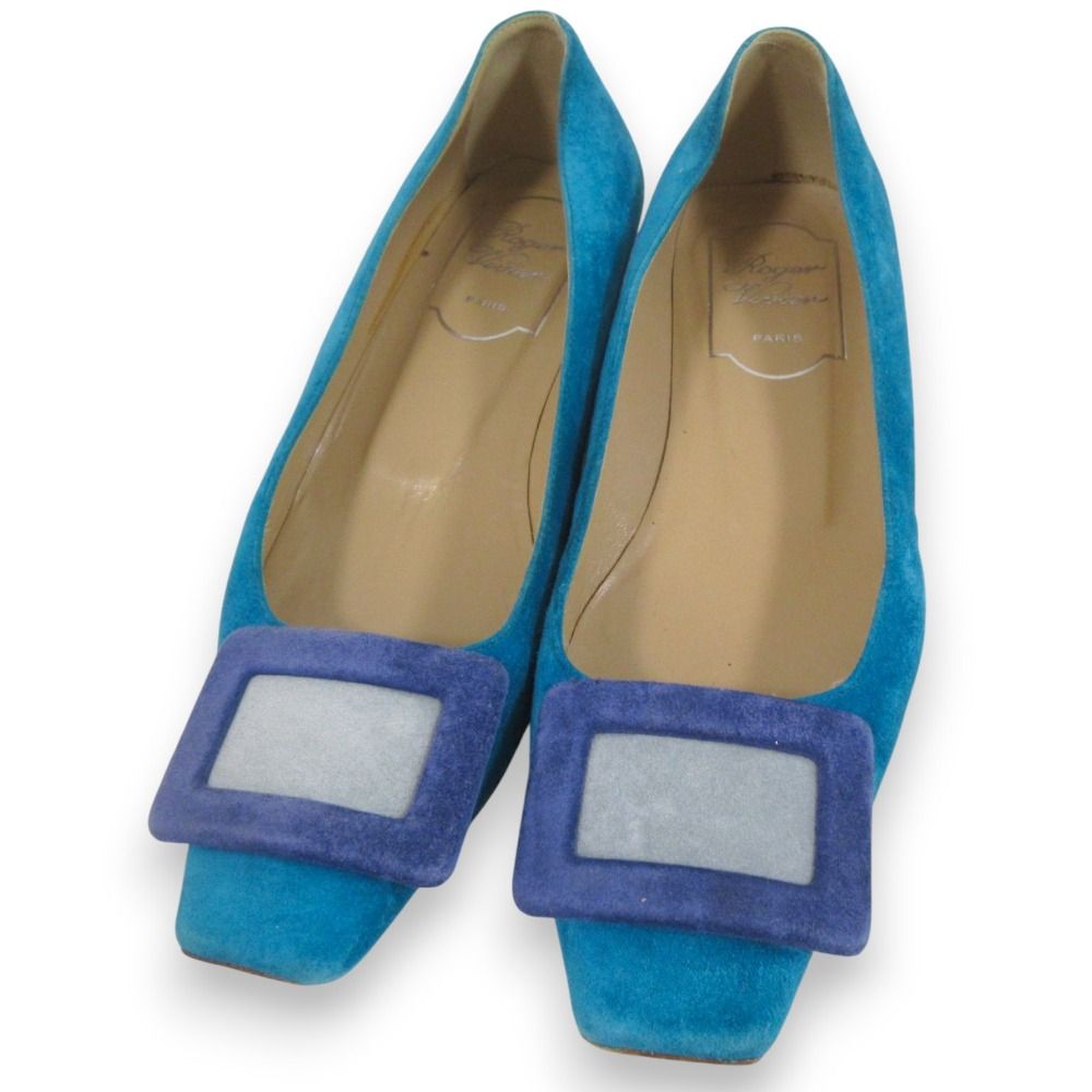 Roger Vivier ロジェヴィヴィエ スエード スクエアトゥ フラットパンプス サイズ34.5 約21.5cm ブルー系 レディース 古着