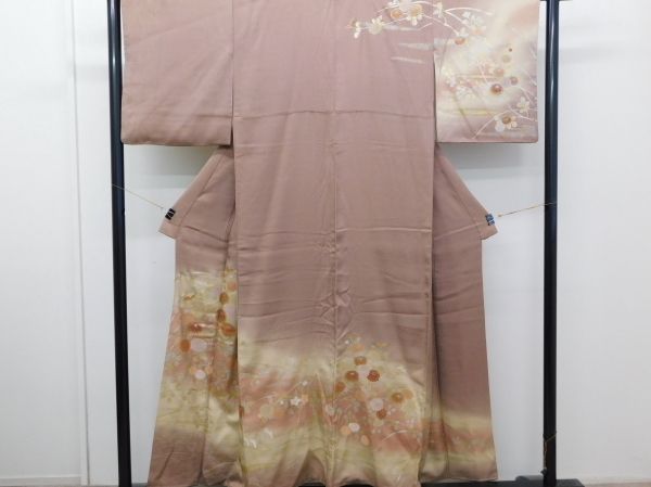 金彩友禅柄　淡い柳色　正絹訪問着　165cm　l695 金彩友禅柄 淡い柳色 正絹訪問着 165cm l695