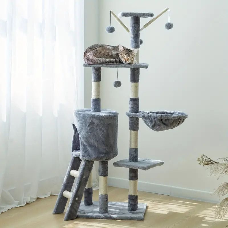 超豪華 猫タワー 猫ツリー 多機能 ハンモック 展望台 猫じゃらしボール 爪とぎポスト ストレス解消 運動不足解消 退屈解消 濃い灰色 ライトグレー 2色