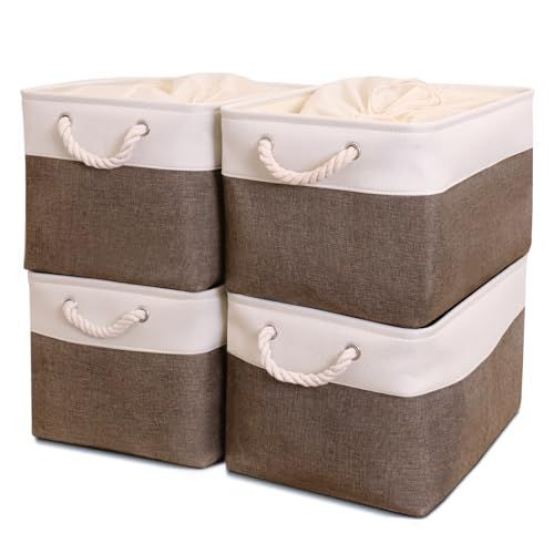 4個セット_e.ホワイトブラウン STVICTORY 収納バスケット 収納かご 4個セット 40×30×24cm 無臭 巾着 取っ手付き オシャレな収納ボックス ランドリーバスケット ストレージバスケット 布 洗濯かご インテリア雑貨 衣類 小物収納 引き出し