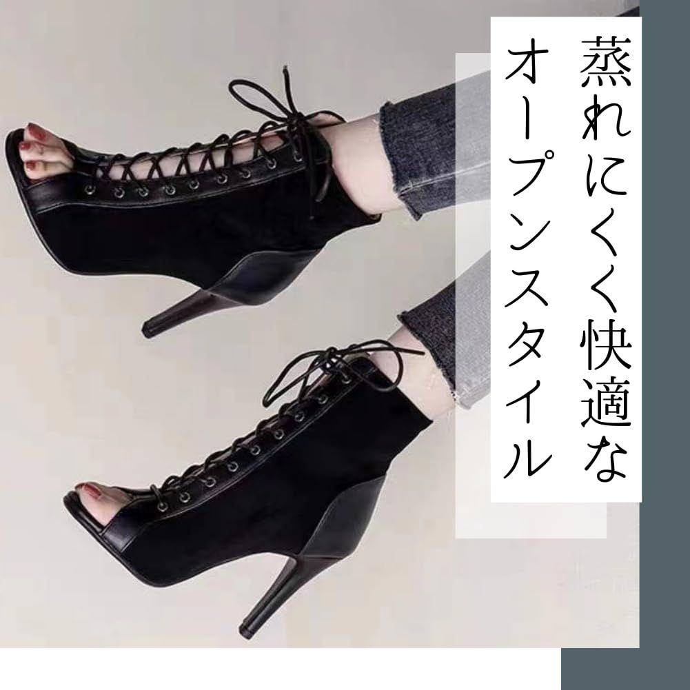 [ALVEIN] サンダル レディース グラディエーターハイヒール ピンヒール 9cm メッシュ オープントゥ ヒール 編み上げ 歩きやすい 疲れにくい パーティ 黒 (ブラック, 日本の靴のサイズ寸法, 大人, 数値, 24 [ブラック] [24.5 cm]