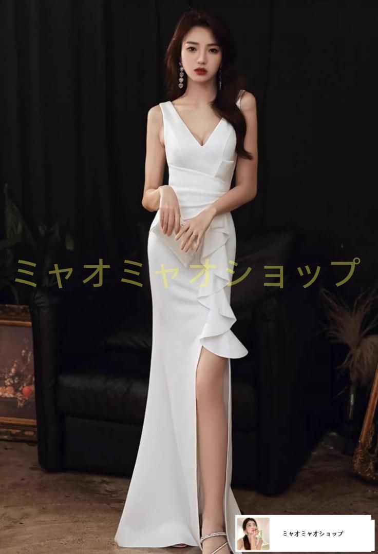 イブニングドレス Vネック フリル ロング ナイト パーティー 上品 結婚式 二次会 同窓会 披露宴 パーティー 成人式 お呼ばれ 上品 裏地あり サイズ S M L XL