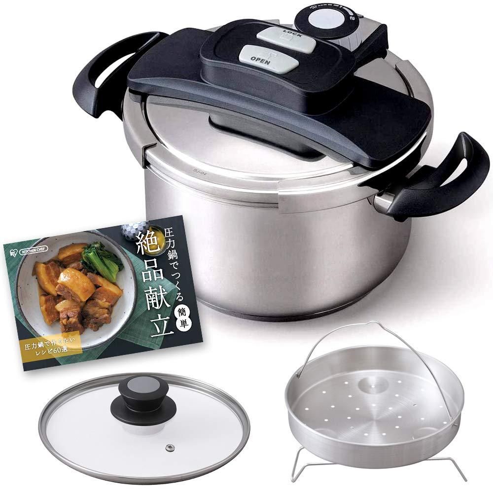 5営業日で発送 IRISOHYAMA アイリスオーヤマ アイリスオーヤマ 圧力鍋 5L 両手鍋 ワンタッチ開閉 圧力2段切替 安全ロック機能 5点セット 60品目の レシピブック 鍋