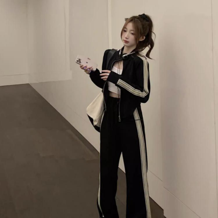 韓国 サイドライン ジャージ セットアップ 細身 ロングパンツ
