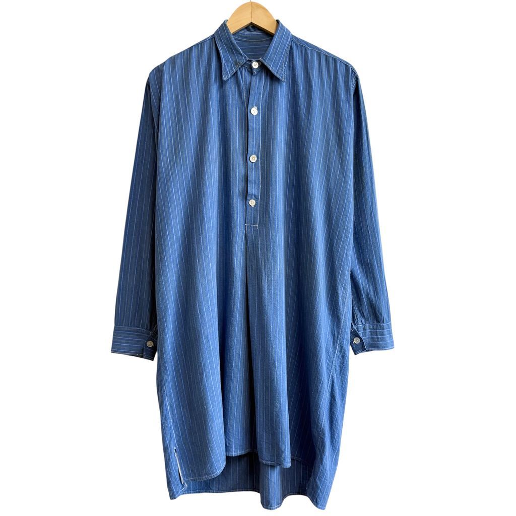 〜40's グランパシャツ プルオーバー ハーフボタン 長袖シャツ ストライプ 青×多色 No.H221