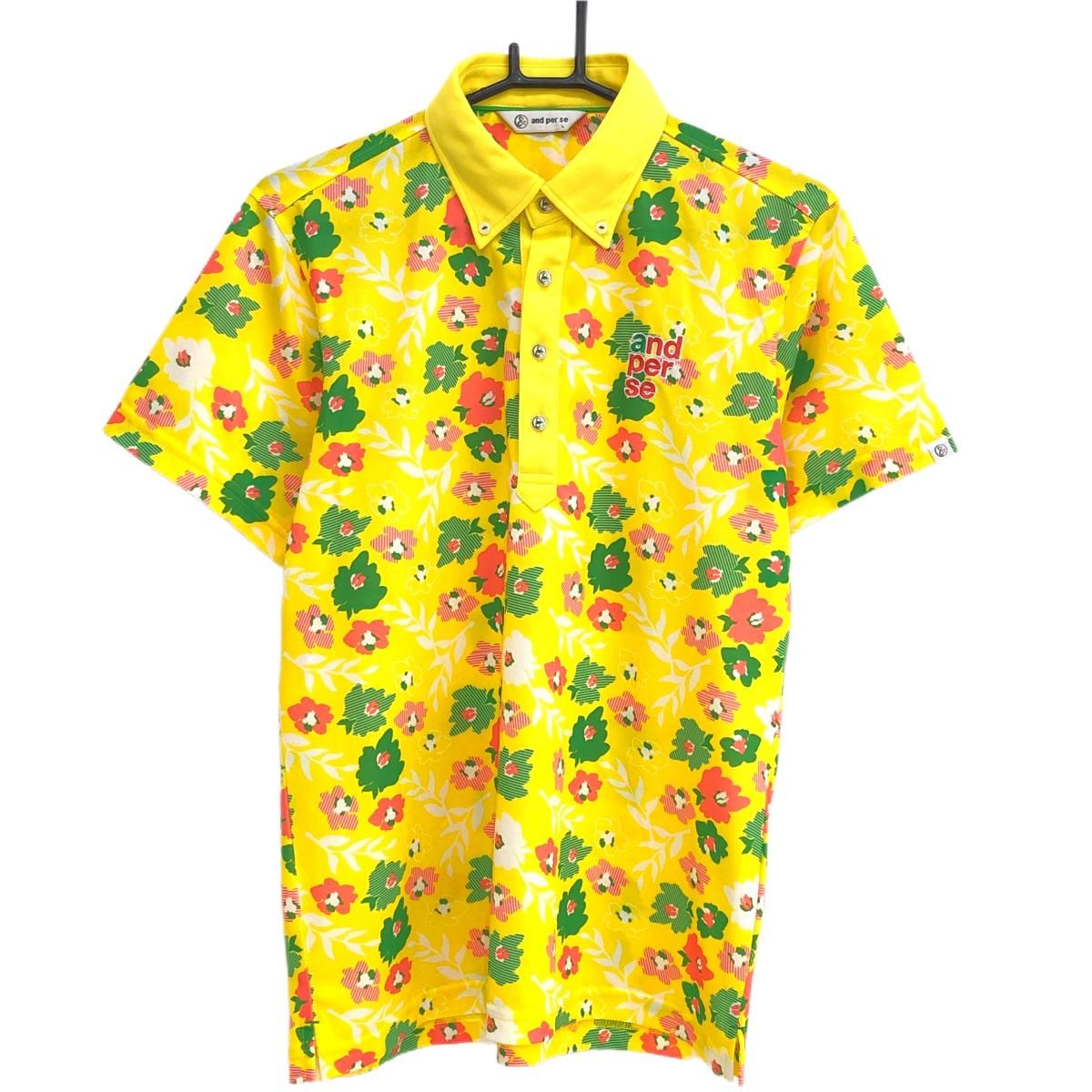 超美品】アンパスィ 半袖ポロシャツ イエロー×グリーン 花柄 ボタン