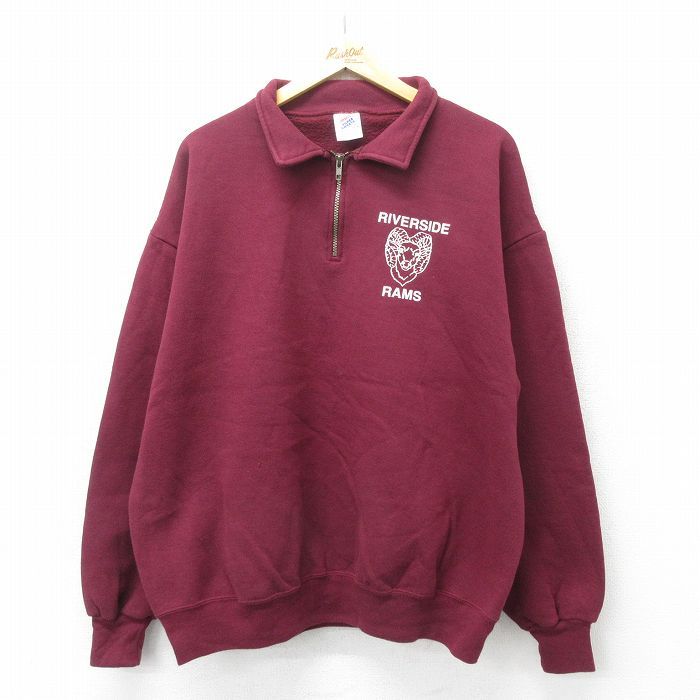 XL/古着 ジャージーズ 長袖 ハーフジップ スウェット メンズ 90s ラムズ 大きいサイズ 襟付き エンジ 24sep05 中古 スエット トレーナー ト