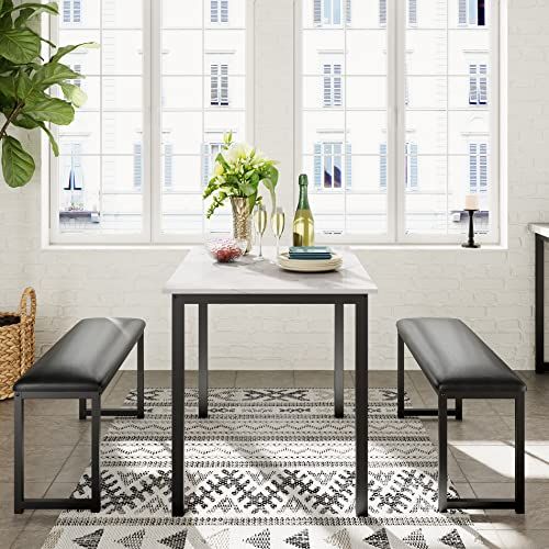 ホワイト系大理石柄 スチールテーブル×1ベンチ×2 4人掛けテーブル 幅110cm おしゃれ 省スペース クッション付き収納式ベンチ 大理石柄 4人用 ダイニングテーブルセット HOMOOI