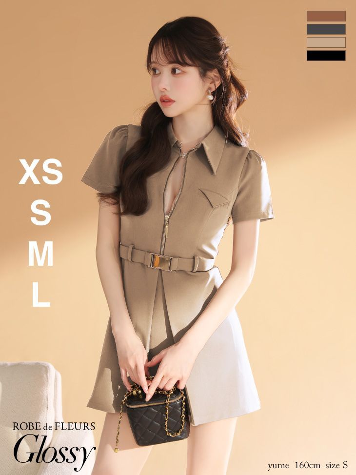 ベージュ GL4617-BE-2509 XS-Lサイズあり ROBE de FLEURS Glossy|ローブドフルール グロッシー 半袖| シャツカラー| ウエストベルト| フ | ミニドレス| キャバドレス