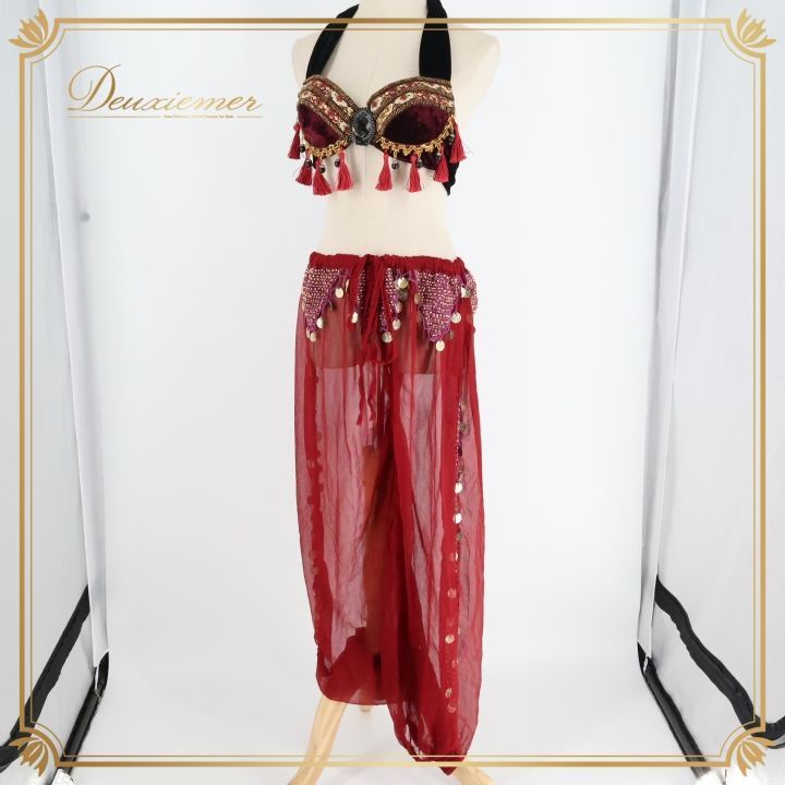 ベリーダンス アラジン 衣装 上下セット レディース レッド系 ワインレッド 赤 ブラック系 黒 コイン ビーズ ラメ 装飾 ベロア レース 舞台 発表会  ダンス 衣装 セットアップ パーティー ス