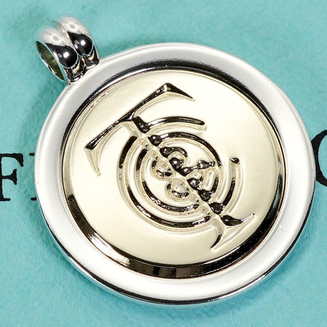 極美品 ティファニー ロゴ メダル コンビ ネックレストップ/24-4529