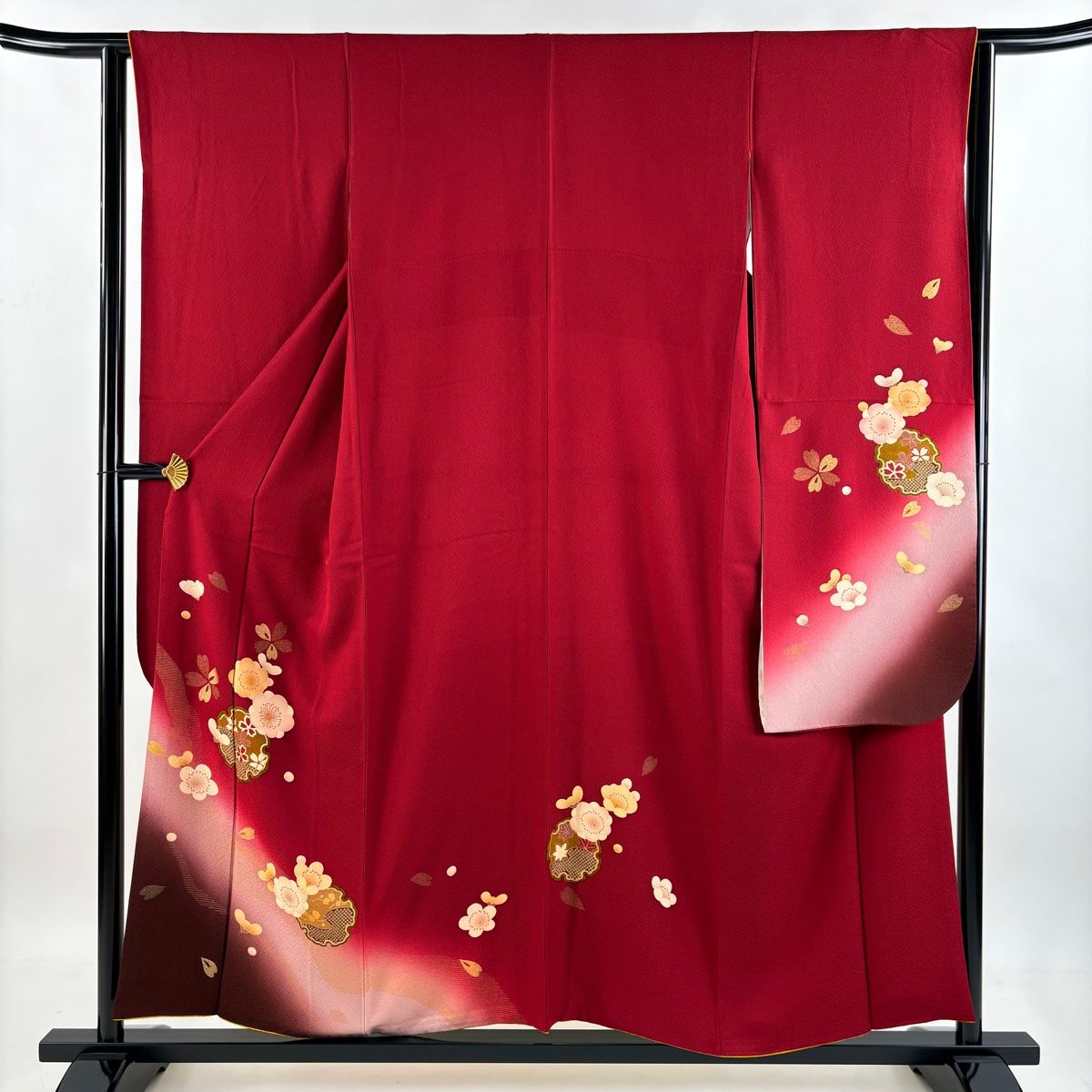 振袖 身丈156cm 裄丈62.5cm S 袷 やまと 雪輪 梅 箔 金彩 えんじ色 正絹 秀品