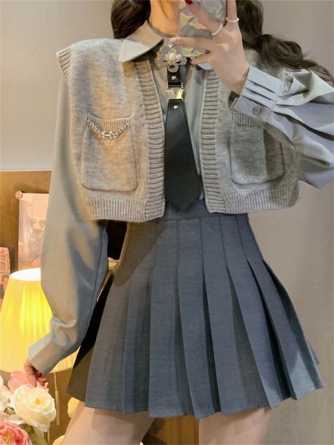 ニットベスト ミニスカート ネクタイ プリーツスカート 4点セット[K](T)