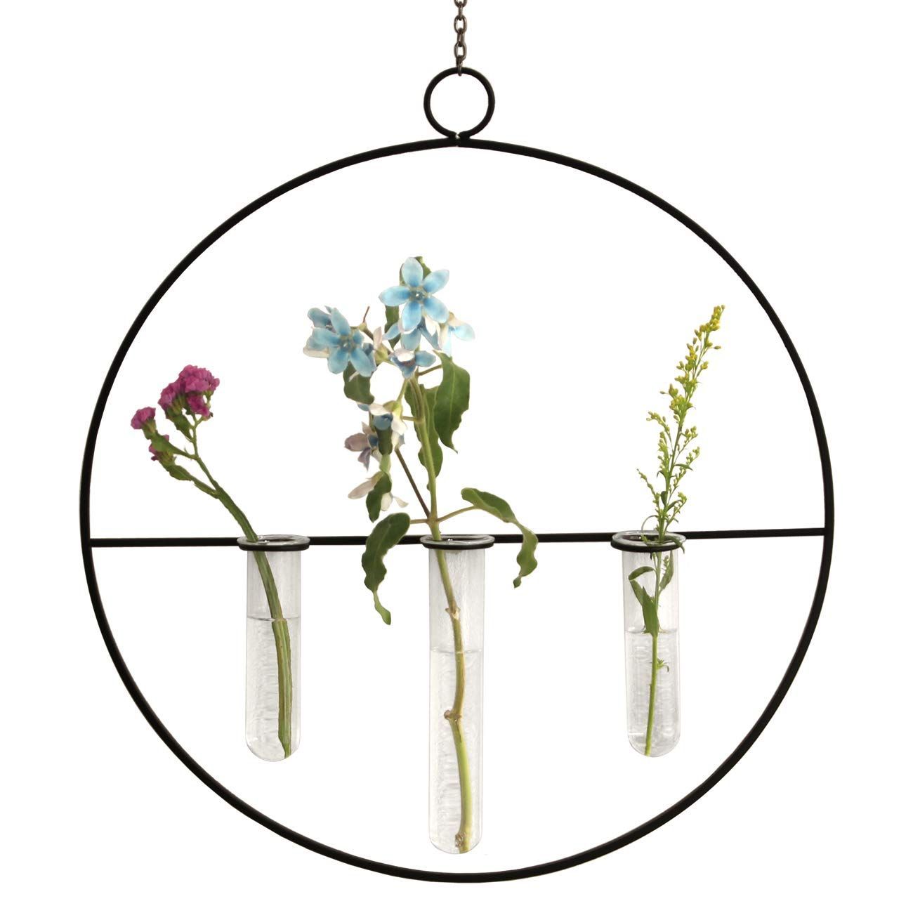 ブラック 花瓶 一輪挿し 3本 壁掛け ガラス アイアン フラワーベース Wall Vase Circle Glass tube (ブラック)