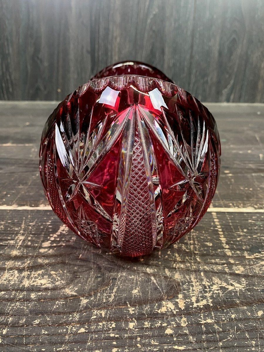 F2577 クリスタルガラス 色被せ 赤 切子 舟形鉢 工芸ガラス バスケット