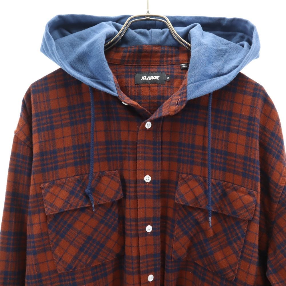 エクストララージ チェック柄 長袖 フード付き シャツ M ブラウン系