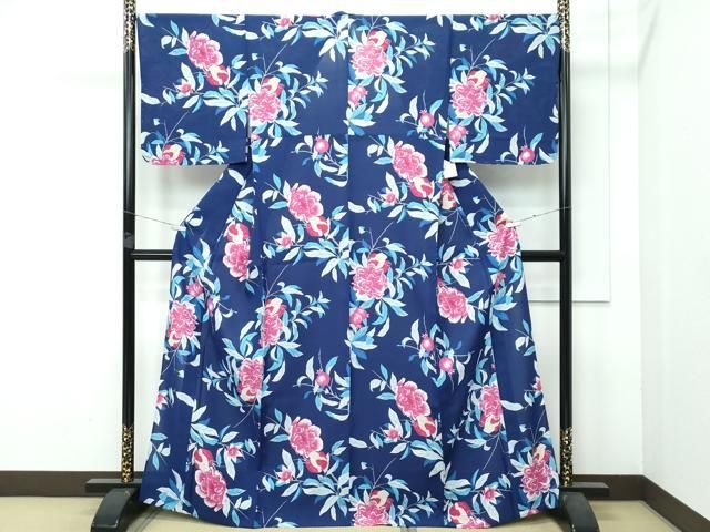 平和屋着物 上 夏物 撫松庵 小紋 浴衣兼用 セオアルファ ざくろ 青褐色地 洗える着物 ♥ CZAA3712s5