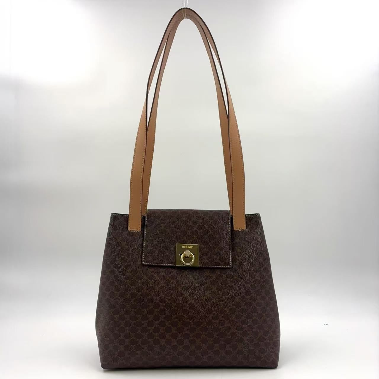 CELINE マカダム柄 フロントフラップ PVC ブラウン トートバッグ
