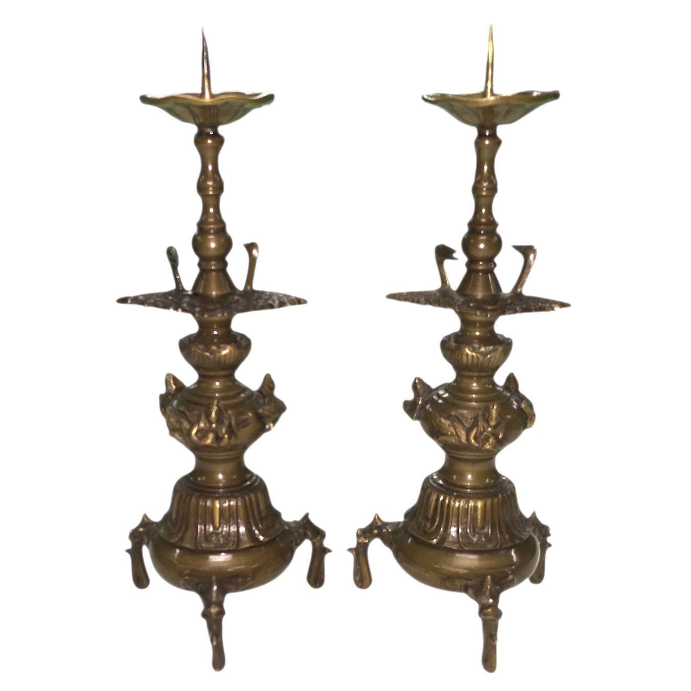 燭台1対 銅製 23cm 仏教美術 時代物 栄翠銘 鶴 飛天